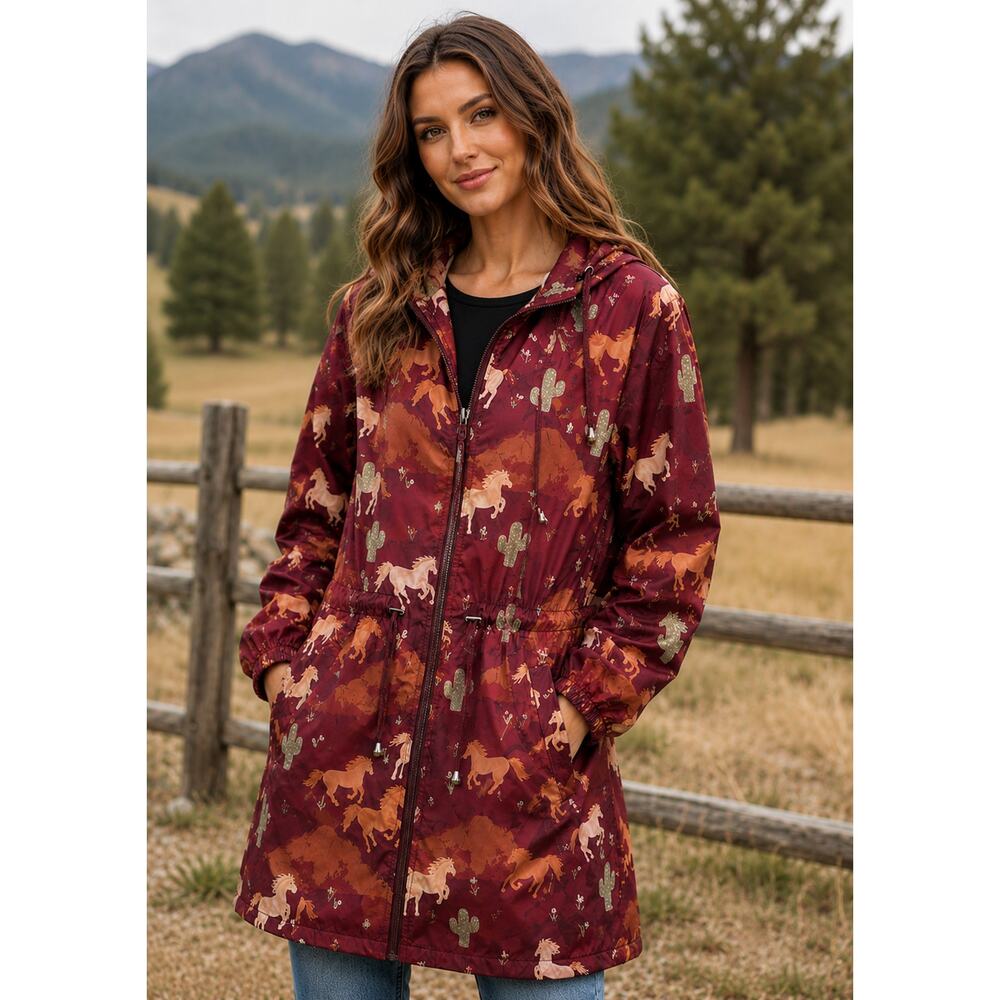 PRINCESS HIGHWAY Burgundy Western Horse & Cactus Print Utility Rain Jacket XL